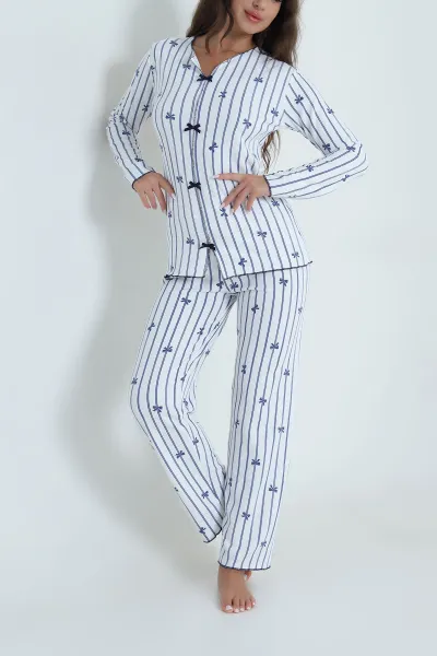 Mavi Fiyonklu Waffele Kadın Pijama Takımı 488903