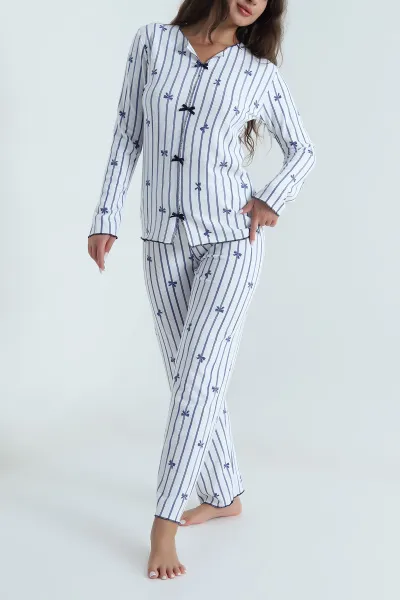 Mavi Fiyonklu Waffele Kadın Pijama Takımı 488903