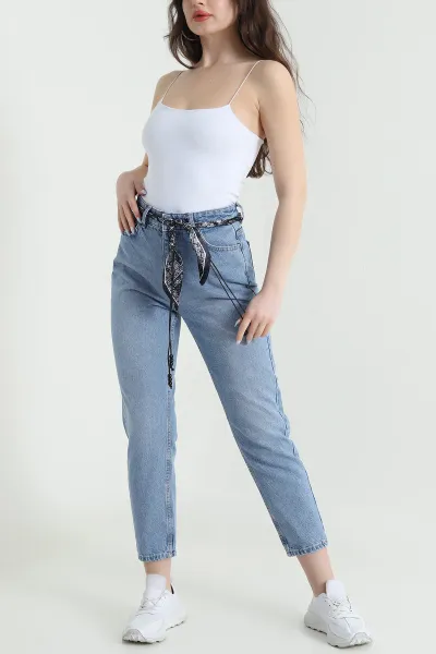 Mavi Fularlı Mom Kadın Kot Pantolon 450264