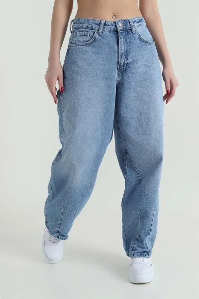 Mavi Füme Paça Çift Pensli Boyfriend Kadın Kot Pantolon 427313