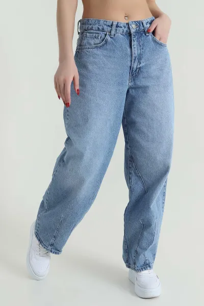 Mavi Füme Paça Çift Pensli Boyfriend Kadın Kot Pantolon 427313