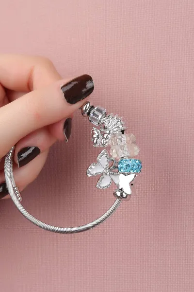 Mavi Gümüş Taşlı Kelebek Detaylı Çelik Pandora Bileklik 309992