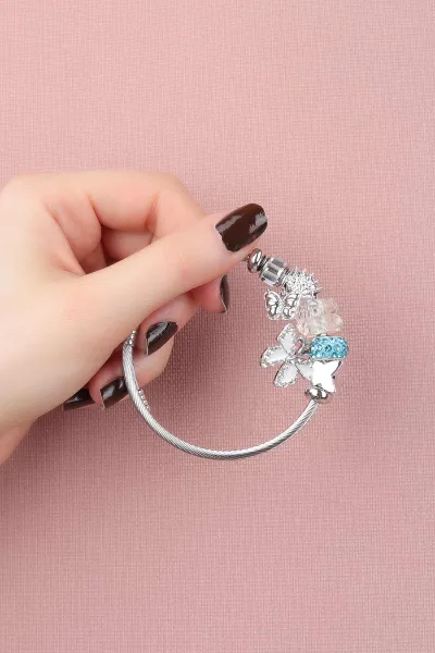 Mavi Gümüş Taşlı Kelebek Detaylı Çelik Pandora Bileklik 309992