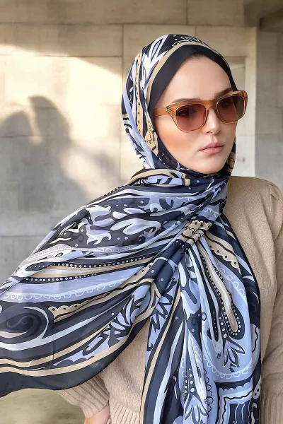 Mavi Hardal 180x70 Etnik Desen Dijital Baskılı Pamuk Şal 323056