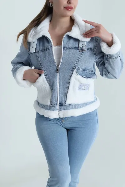 Mavi İçi Komple Kürklü Kadın Kot Mont 488770