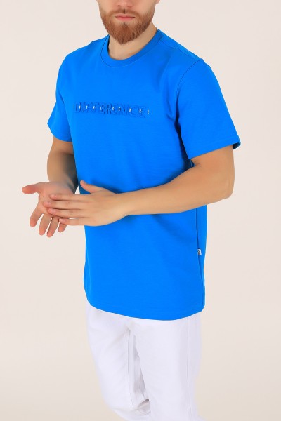 Mavi İki ip Gofre Baskılı Oversize Tişört 163513