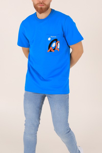 Mavi İki İp İşlemeli Oversize Erkek Tişört 163745