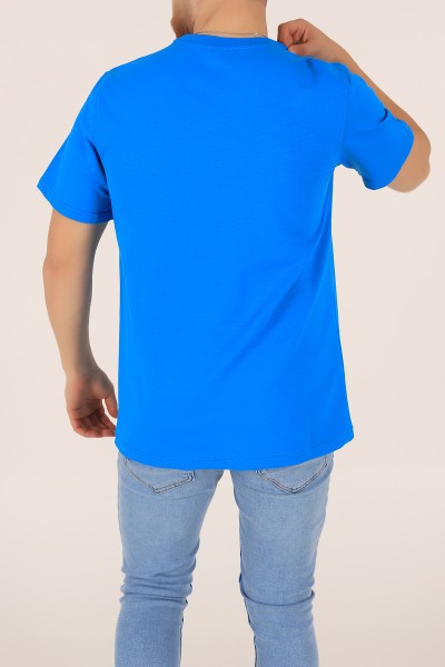 Mavi İki İp İşlemeli Oversize Erkek Tişört 163745
