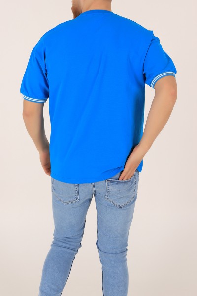 Mavi İki İp İşlemeli Oversize Tişört 163546