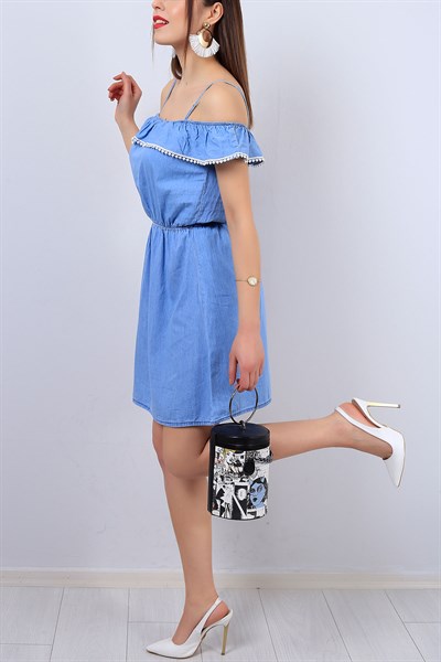 Mavi Kayık Yaka Askılı Bayan Elbise 12928B