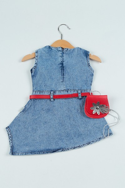 (1-5Yaş)Mavi Kemerli Çantalı Kot Kız Çocuk Elbise 101176