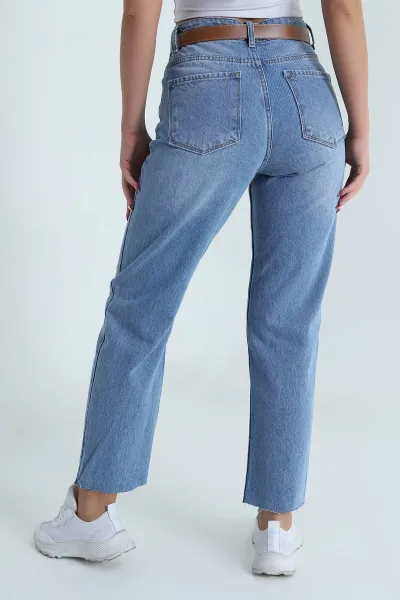 Mavi Kemerli Lazer Paça Kadın Kot Pantolon 473679