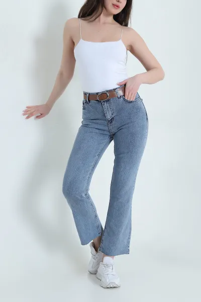 Mavi Kemerli Paçası Lazer Kesim Kadın Kot Pantolon 453450