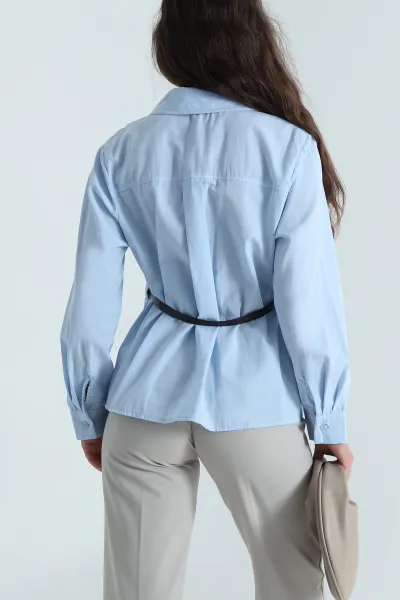 Mavi Kemerli Tasarım Poplin Kadın Gömlek 485577