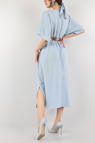 Mavi Kemerli Yırtmaçlı Keten Elbise 104591