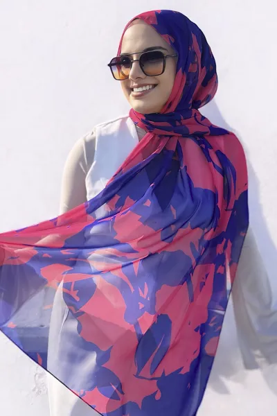 Mavi-Kırmızı 180X70 Cm Dijital Baskı Zambak Desenli Şifon Şal 373175