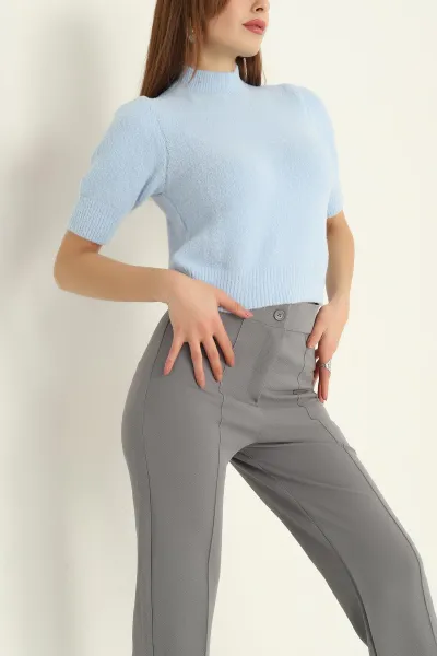 Mavi Kısa Kol Keçe Sakal Triko Bluz 316639