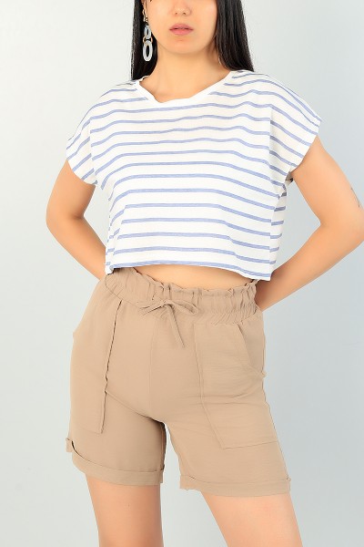 Mavi Krem Çizgili Bayan Crop Tşört 71622
