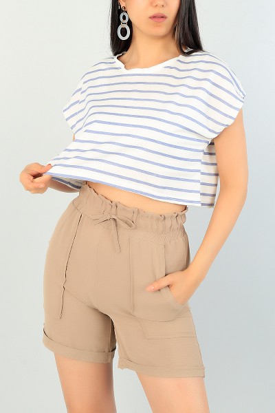 Mavi Krem Çizgili Bayan Crop Tşört 71622