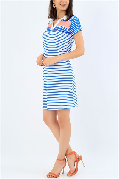 Mavi Polo Yaka Çizgili Elbise 35461