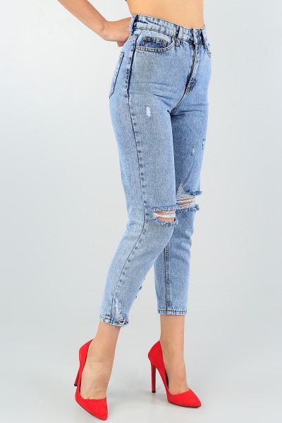Mavi Lazer Kesim Bayan Yırtık Kot Mom Pantolon 58737