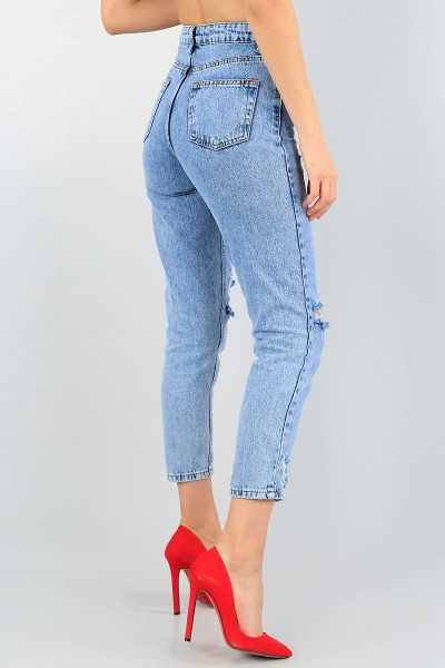 Mavi Lazer Kesim Bayan Yırtık Kot Mom Pantolon 58737