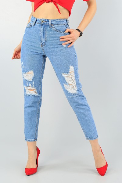 Mavi Lazer Kesim Bayan Yırtık Mom Kot Pantolon 60358