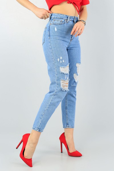 Mavi Lazer Kesim Bayan Yırtık Mom Kot Pantolon 60358
