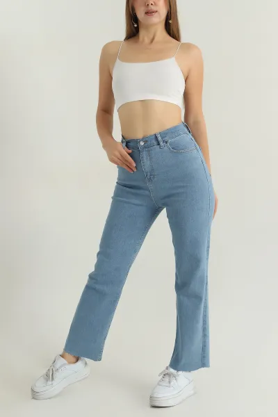 Mavi Lazer Kesim Likralı Cepli Mom Kadın Kot Pantolon 401087