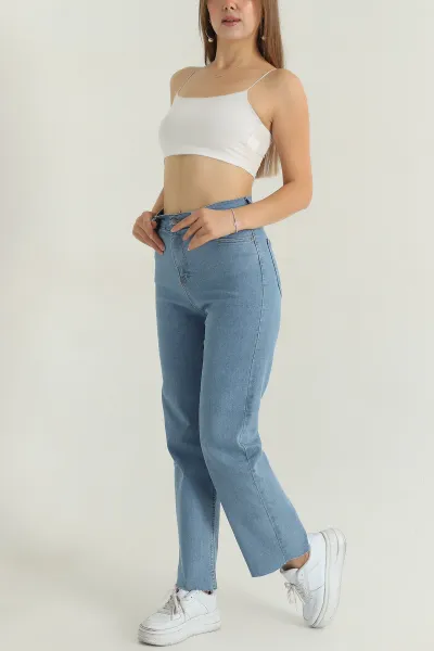Mavi Lazer Kesim Likralı Cepli Mom Kadın Kot Pantolon 401087