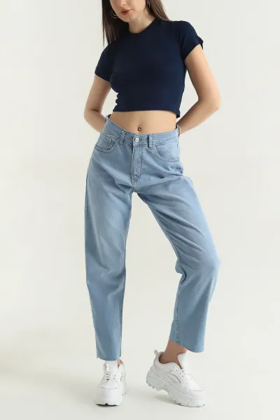 Mavi Lazer Paça Likralı Mom Kadın Kot Pantolon 346045