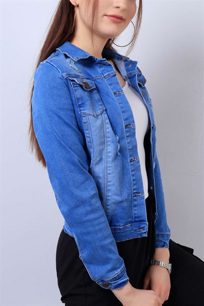 Mavi Likralı Bayan Yırtık Kot Ceket 14600B