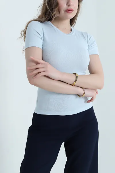 Mavi Likralı Bisiklet Yaka Pamuk Kadın Bluz 440859