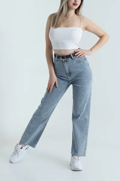 Mavi Lİkralı Kemerli Boyfit Kadın Kot Pantolon 489578
