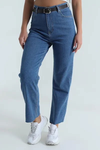 Mavi Lİkralı Kemerli Boyfit Kadın Kot Pantolon 489581