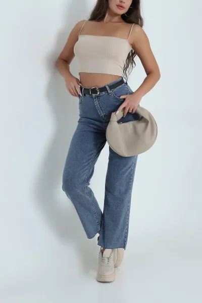 Mavi Lİkralı Kemerli Boyfit Kadın Kot Pantolon 489583