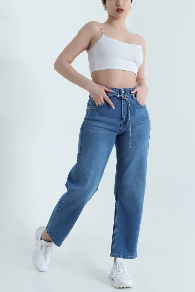 Mavi Likralı Kuşaklı Baggy Kadın Kot Pantolon 445291