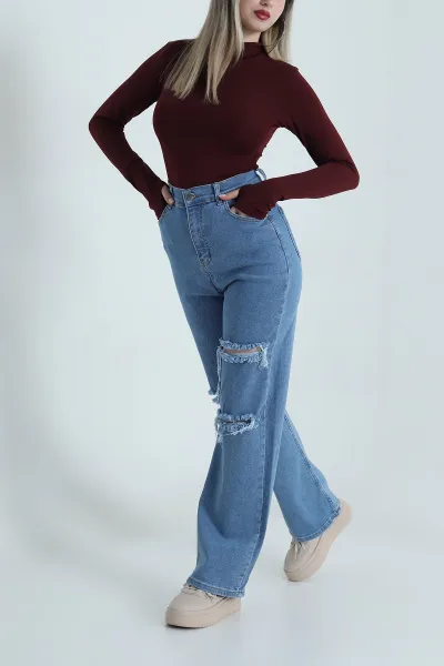 Mavi Likralı Lazer Kesim Kadın Kot Pantolon 487469
