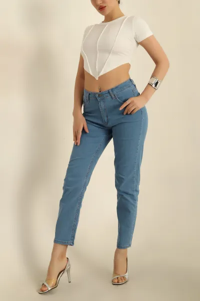 Mavi Likralı Mom Bayan Kot Pantolon 273712