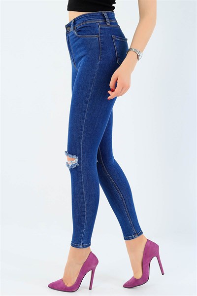 Mavi Likralı Yırtık Detay Bayan Kot Pantolon 35500