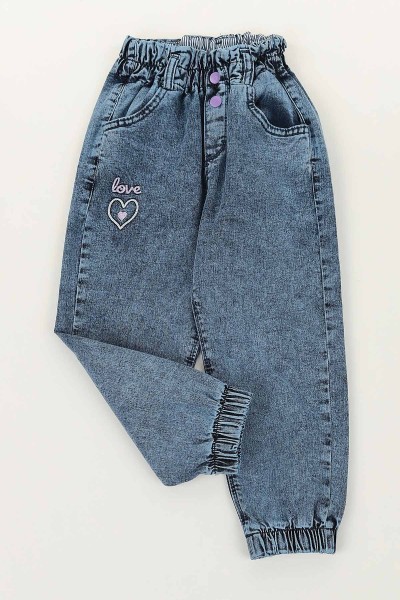 Mavi Lila (5-8 Yaş) Love Kalp Nakışlı Kız Çocuk Pantolon 145884
