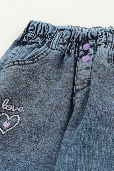 Mavi Lila (5-8 Yaş) Love Kalp Nakışlı Kız Çocuk Pantolon 145884