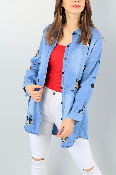 Mavi Mickey Baskılı Kot Gömlek Tunik 60269