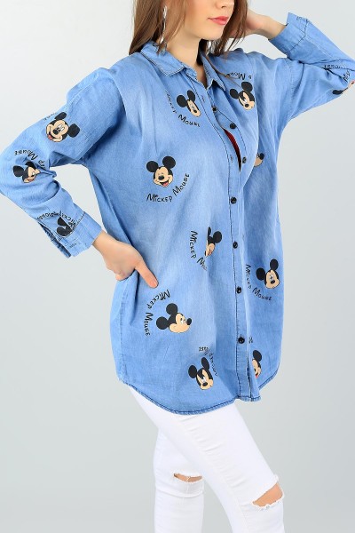 Mavi Mickey Baskılı Kot Gömlek Tunik 60269