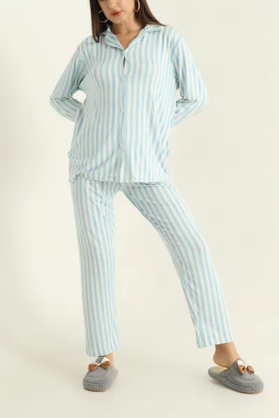 Mavi Milan Düğmeli Bayan Pijama Takımı 329613