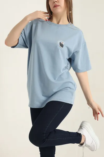 Mavi Nakışlı Bisiklet Yaka Oversize İki Bayan Tişört 337632