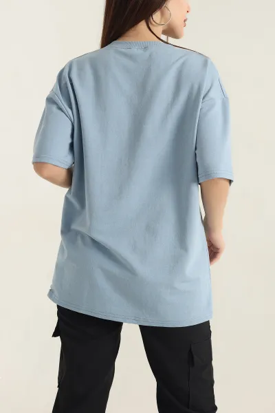 Mavi Nakışlı Bisiklet Yaka Oversize İki Bayan Tişört 337658