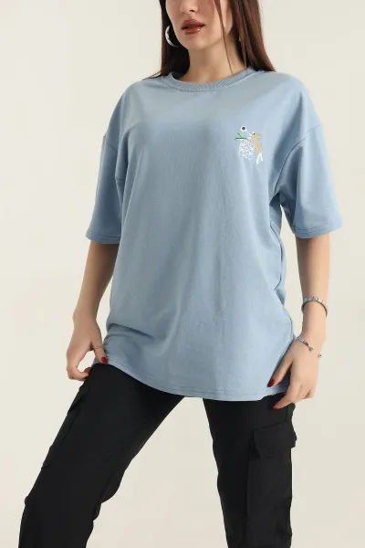 Mavi Nakışlı Bisiklet Yaka Oversize İki Bayan Tişört 337658