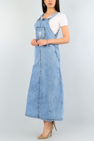 mavi nakışlı cepli kot salopet elbise 59452 modamızbir modamizbir com