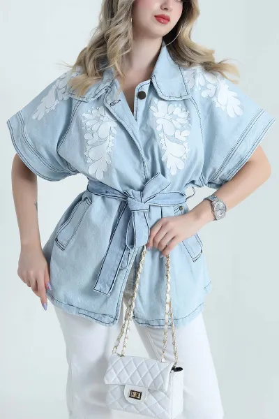 Mavi Nakışlı Denim Kadın Yelek 474401